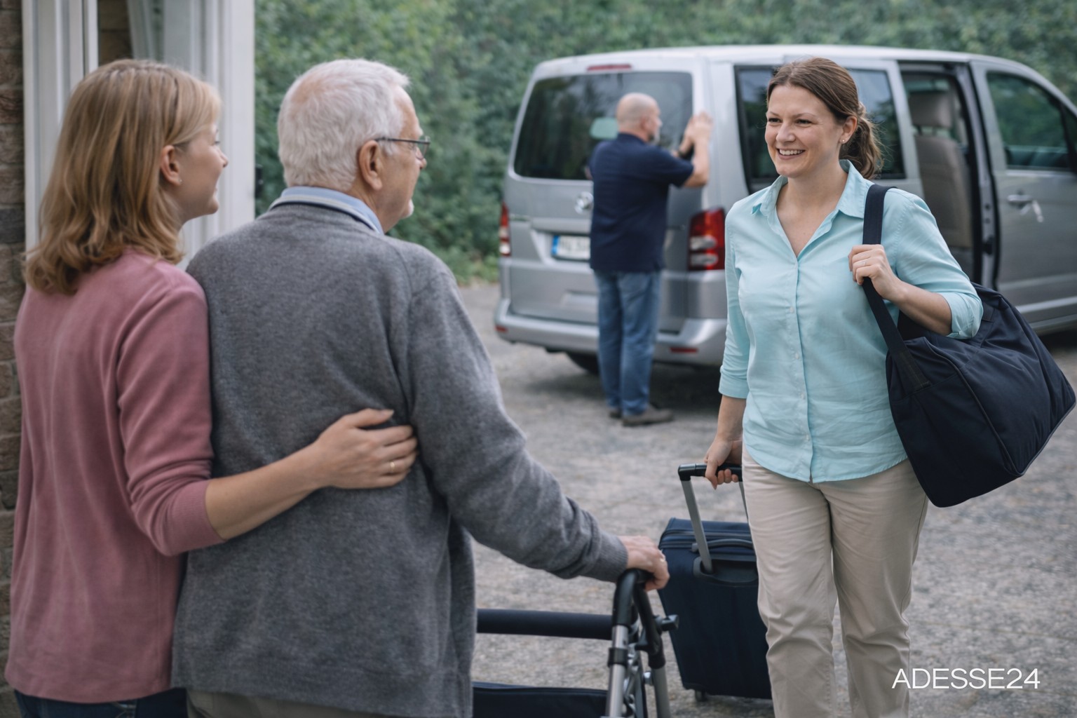 24 Stunden Seniorenbetreuung zuhause in Solingen – Betreuungskraft kommt an und begrüßt Senior und Tochter