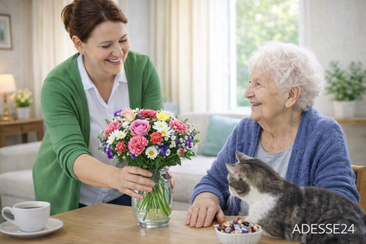 24 Stunden Betreuungskraft stellt Blumen auf den Tisch während Seniorin lächelt Katze im Vordergrund