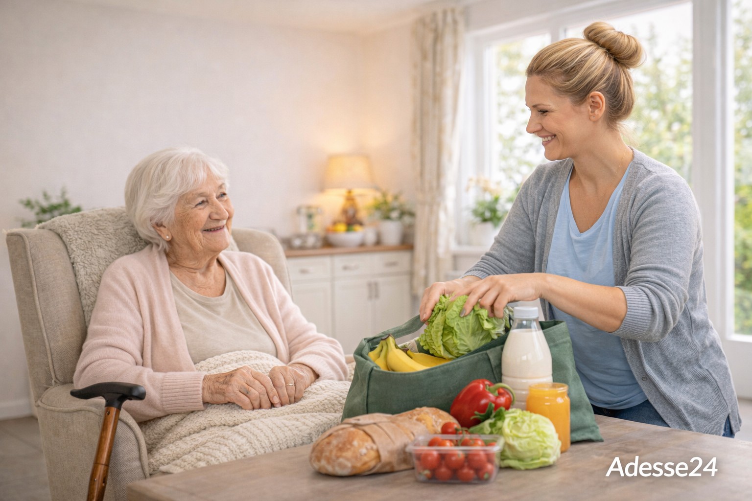 Alleinstehende Seniorin zuhause erhält Unterstützung durch Betreuungskraft beim Einkaufen und im Alltag