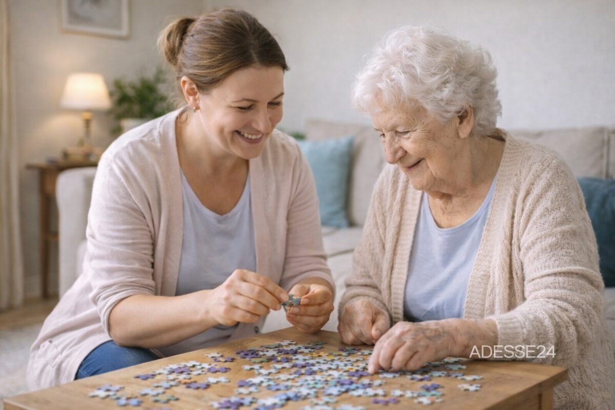 24 Stunden Betreuungskraft spielt Puzzle mit Seniorin zuhause