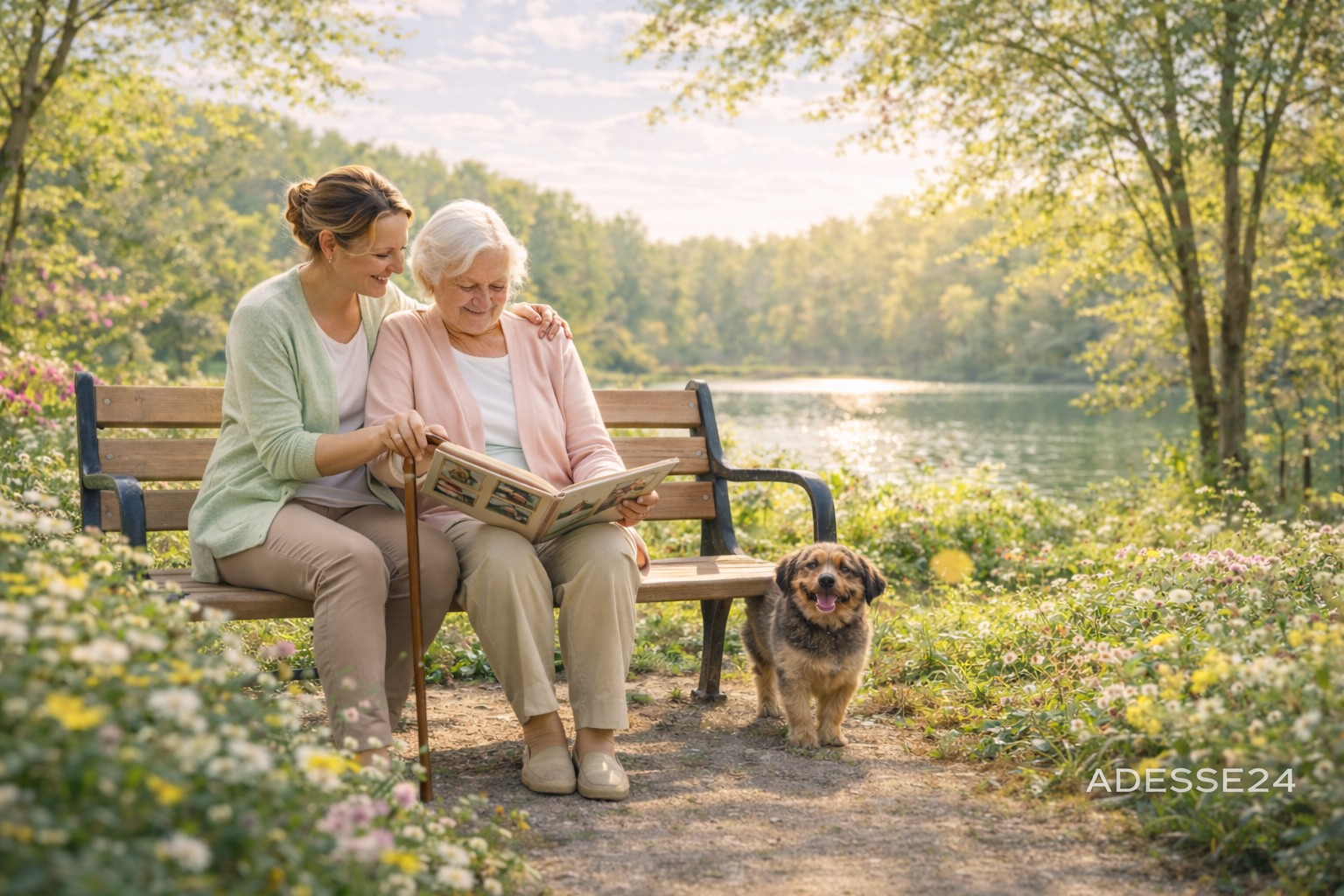 Betreuungskraft begleitet Seniorin beim Spaziergang Betreuungskraft begleitet Seniorin beim Spaziergang im Park – Beispiel für 24-Stunden-Betreuung zuhause