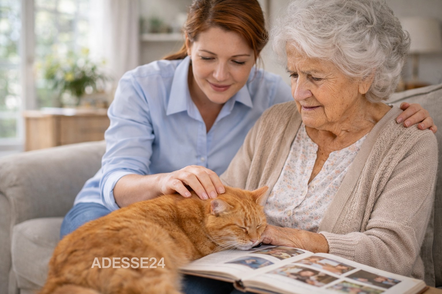 Seniorin mit Demenz streichelt eine Katze – ruhige Alltagssituation in der 24-Stunden-Betreuung zuhause in Solingen
