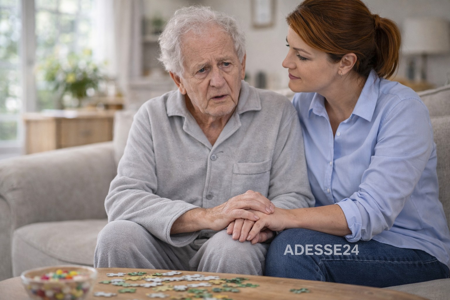 Senior mit Demenz wird zuhause von Betreuungskraft begleitet – 24-Stunden-Betreuung in Solingen