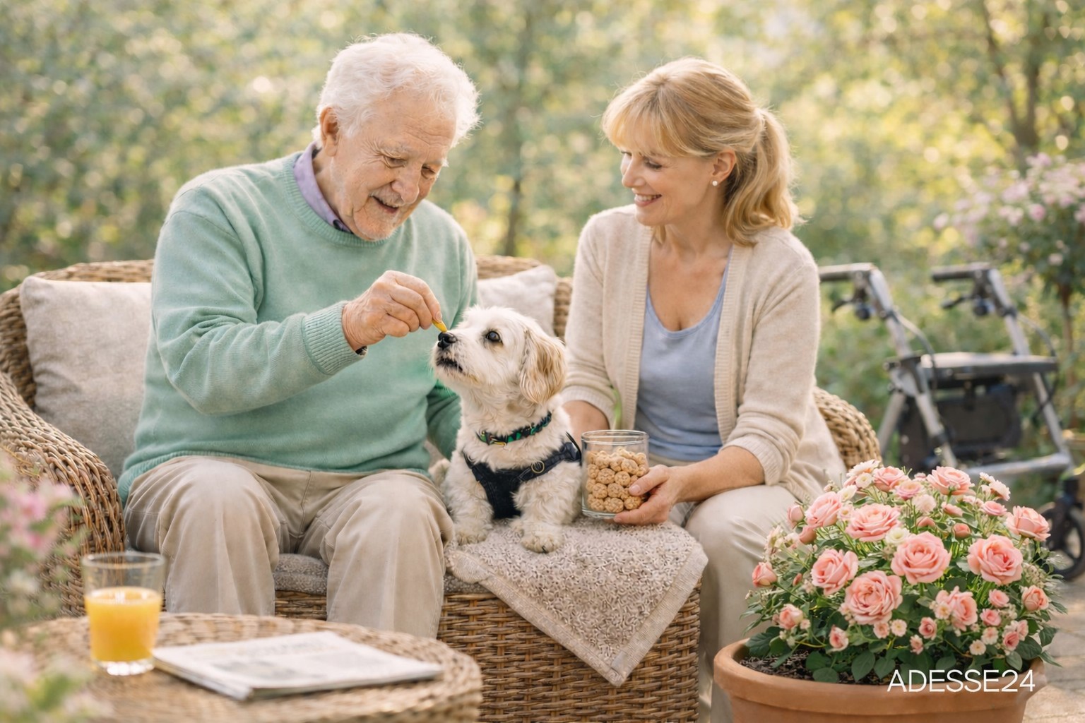 Senior mit Demenz sitzt im Garten mit seinem Hund, begleitet von einer Betreuungskraft