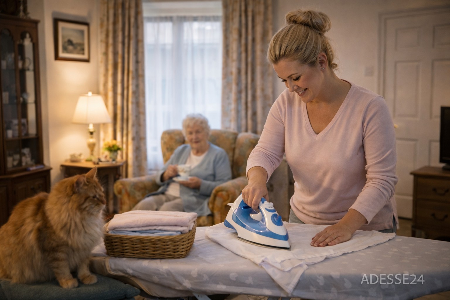 Betreuungskraft zuhause hilft im Haushalt beim Bügeln während Seniorin mit Katze im Wohnzimmer sitzt