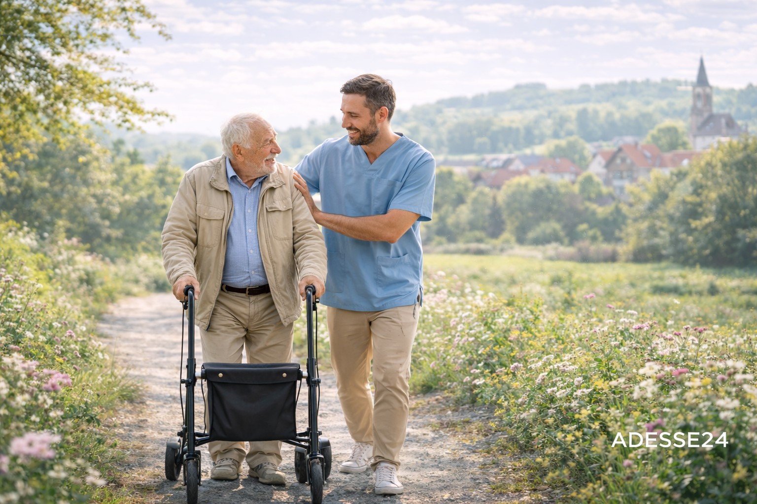 Männliche Betreuungskraft in der Seniorenbetreuung zuhause – Unterstützung im Alltag Männliche Betreuungskraft in der 24 Stunden Seniorenbetreuung zuhause begleitet Senior beim Spaziergang mit Rollator