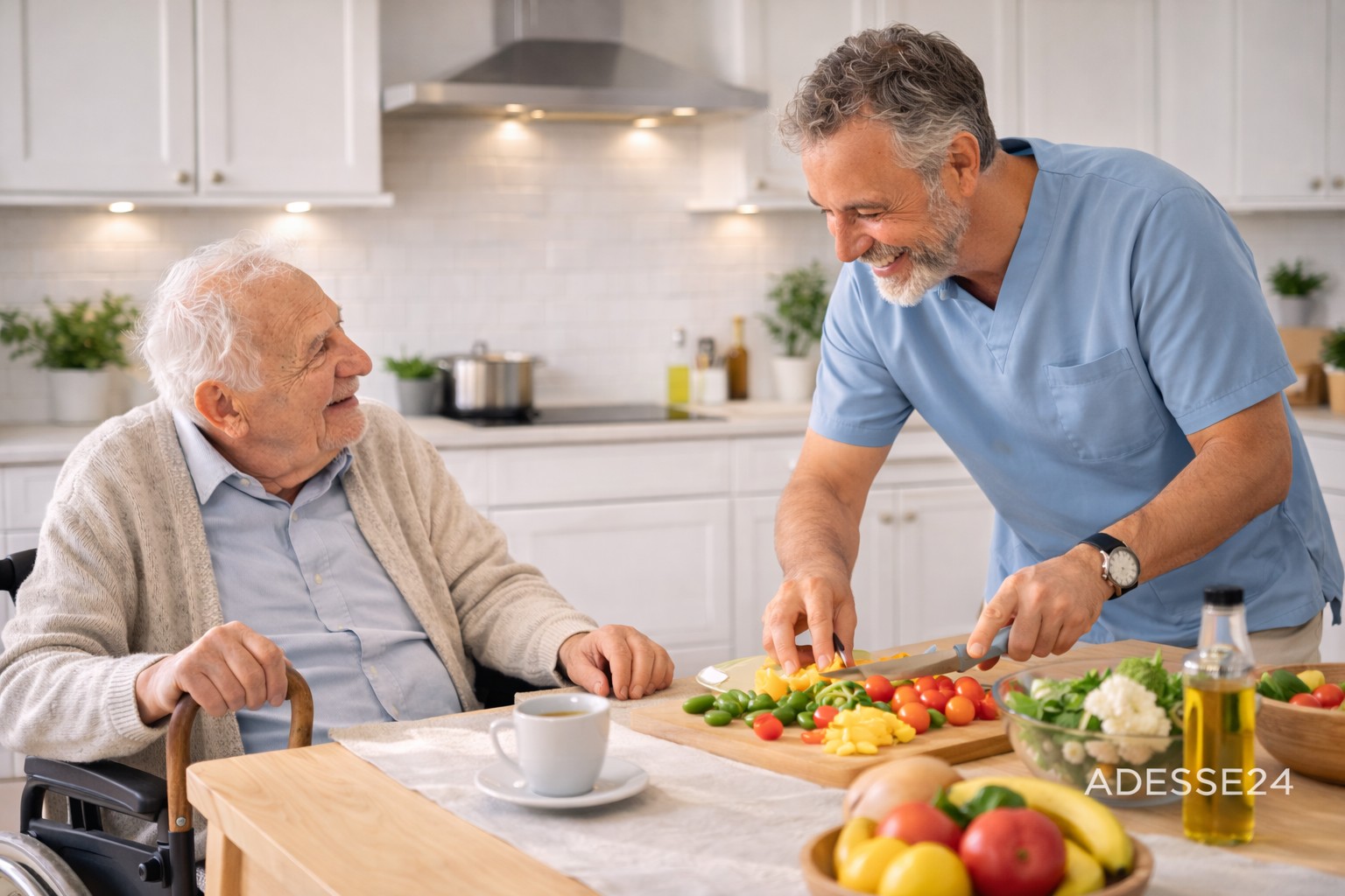 Männliche Betreuungskraft kocht gemeinsam mit Senior im Rahmen der 24 Stunden Seniorenbetreuung zuhause