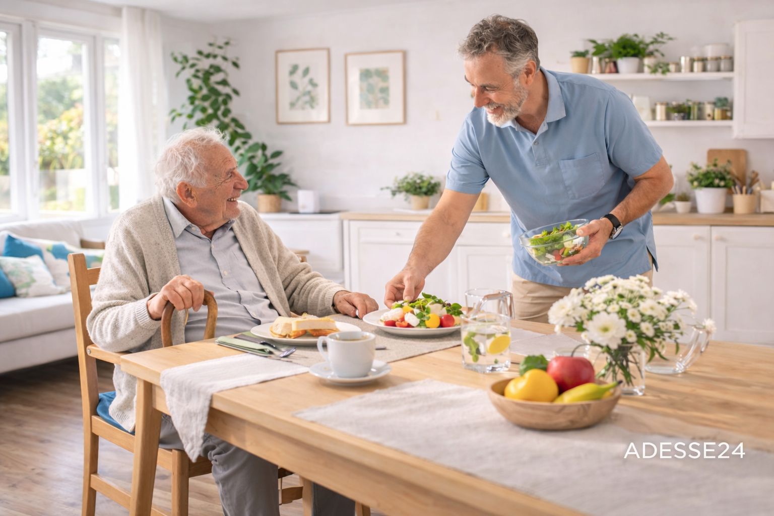 Männliche Betreuungskraft unterstützt Senior bei einer Mahlzeit im eigenen Zuhause – Beispiel für 24-Stunden-Betreuung