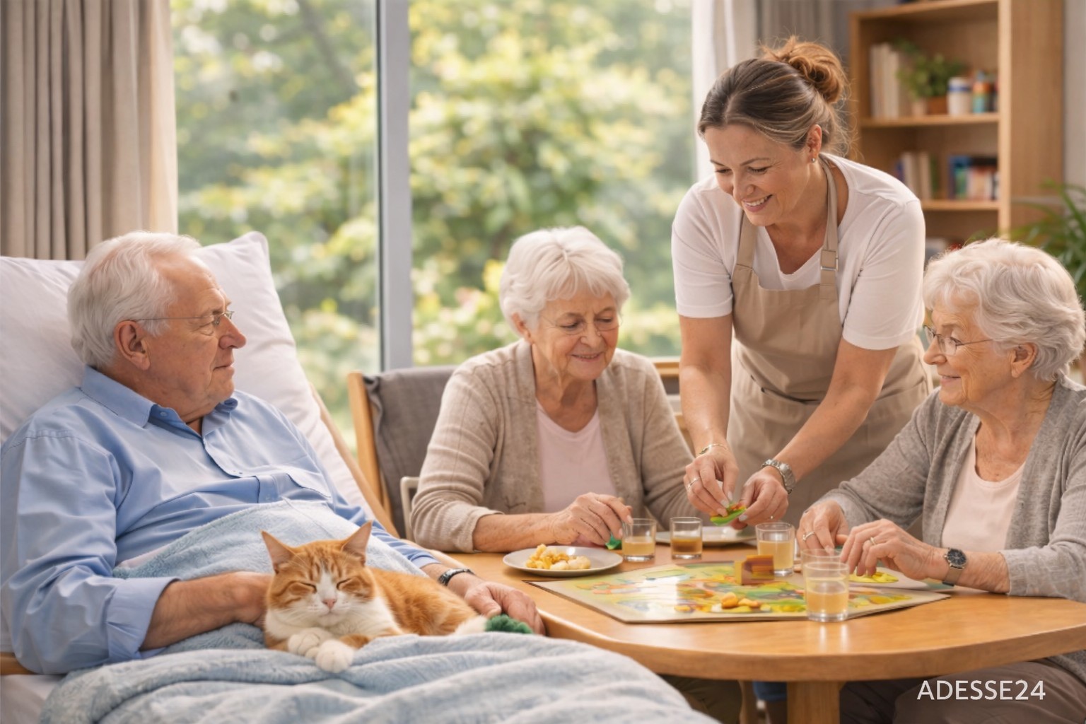 Senioren leben gemeinsam in einer Wohngruppe mit Betreuungskraft und Haustier als Alternative zum Pflegeheim