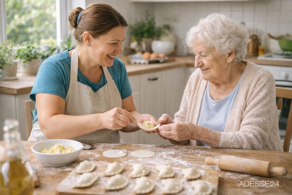 Polnische 24 Stunden Betreuungskraft bereitet gemeinsam mit Seniorin Essen zuhause zu
