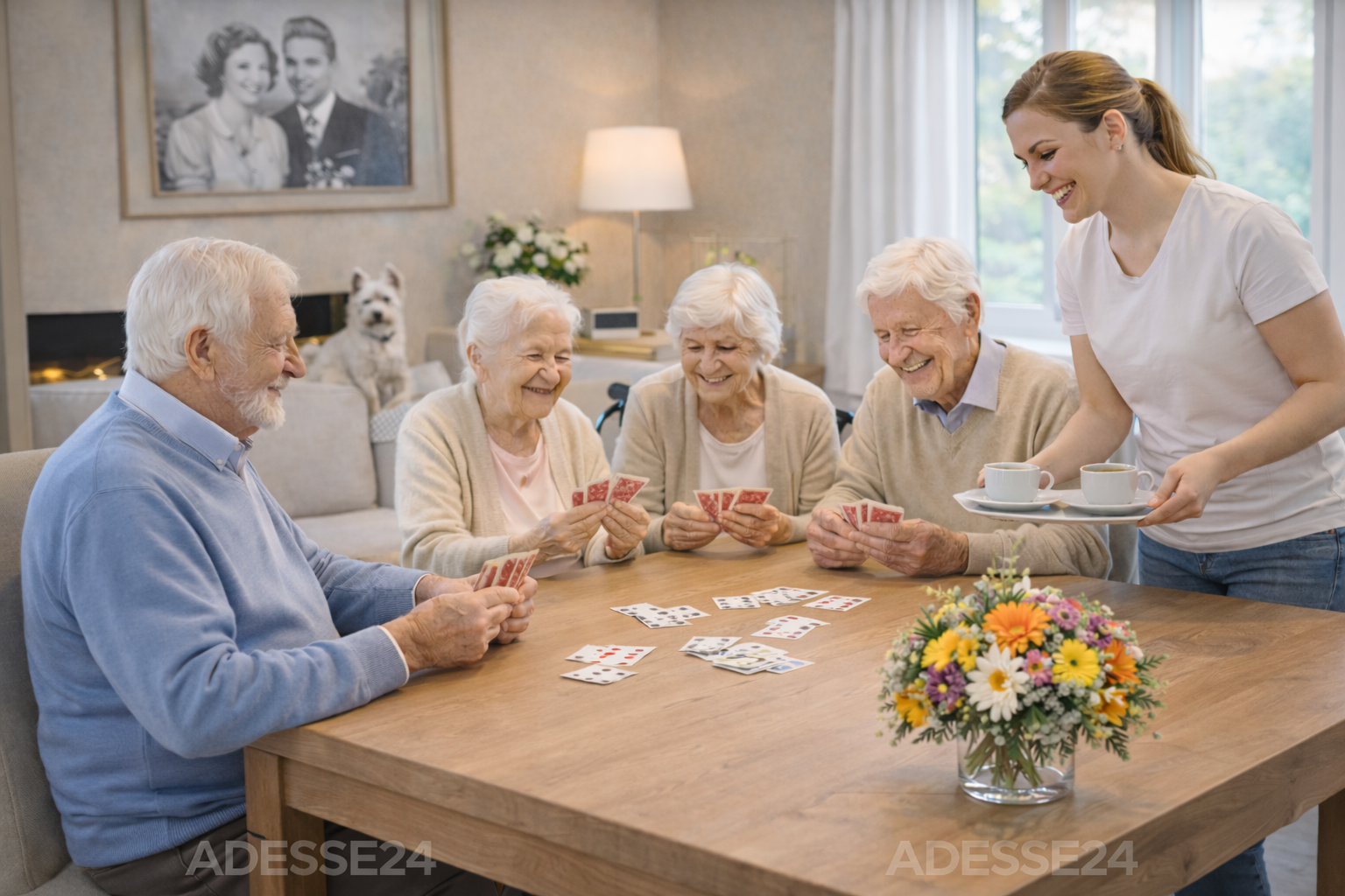 Gemeinsame Zeit – soziale Nähe und Unterstützung durch Betreuungskraft Seniorin im Rollstuhl im barrierefreien Badezimmer mit Betreuungskraft – Seniorenbetreuung zuhause statt Pflegeheim