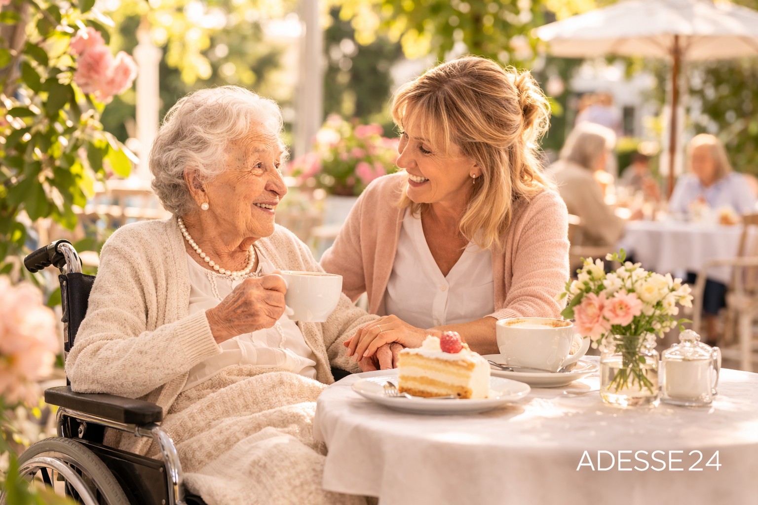 24 Stunden Seniorenbetreuung zuhause in Solingen – Betreuungskraft verbringt Zeit mit Seniorin im Café