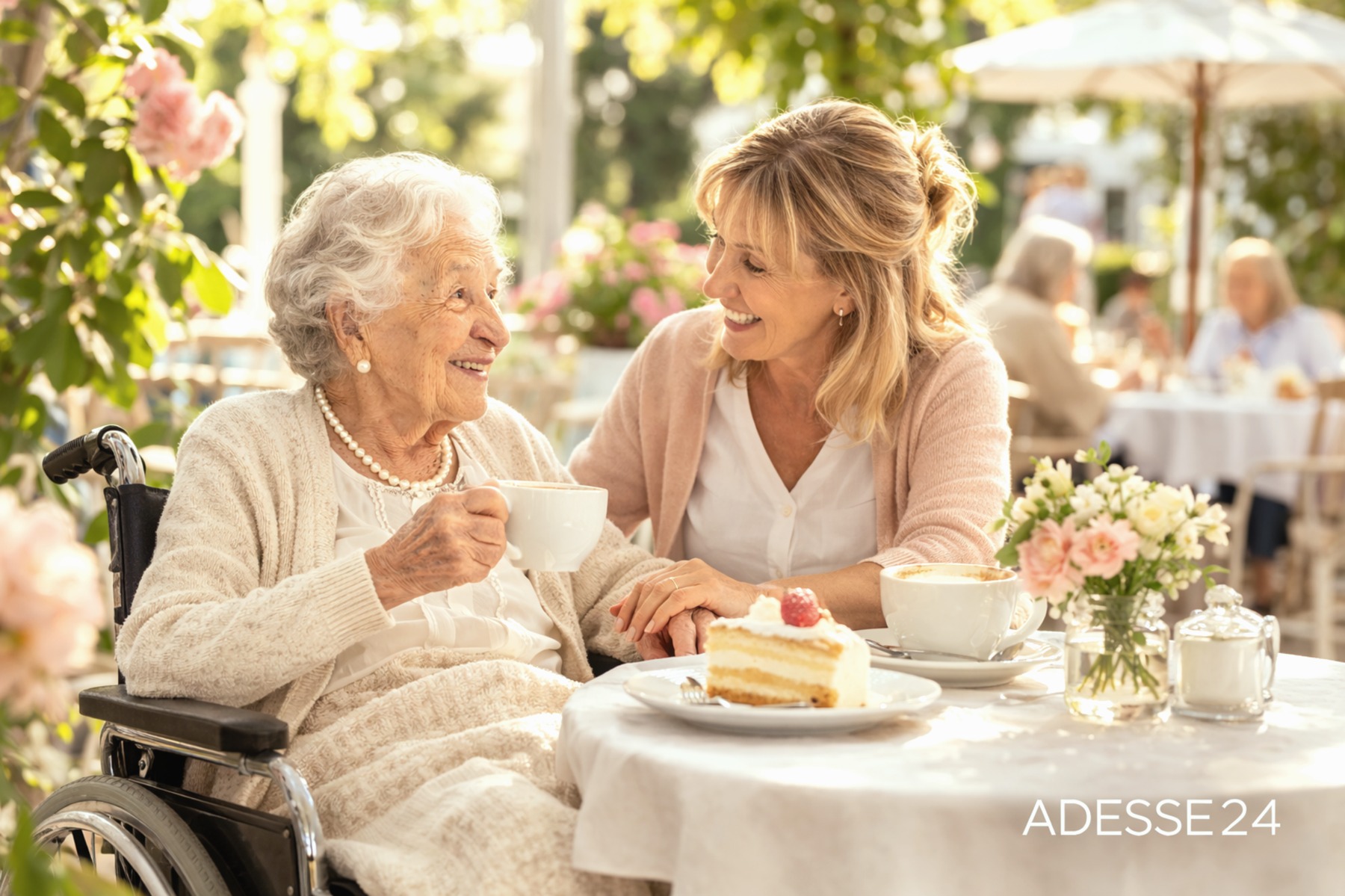 Seniorin im Rollstuhl genießt Kaffee im Café mit Betreuungskraft – soziale Begleitung im Alltag