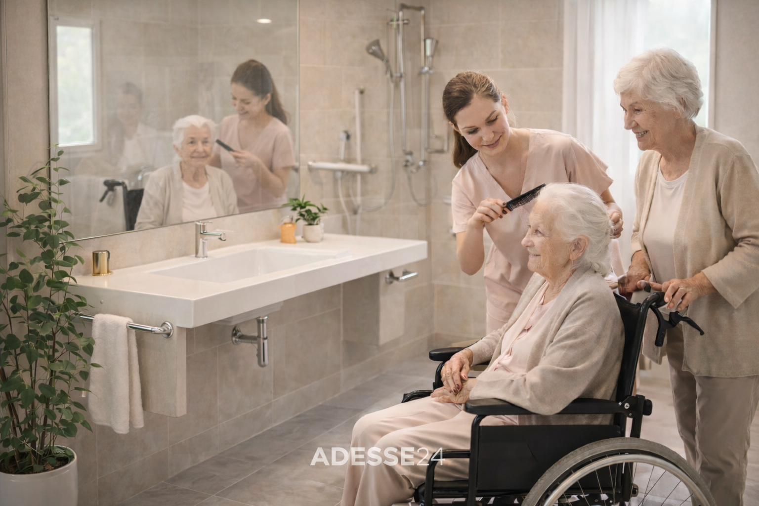 Barrierefreier Badumbau – erleichtert den Alltag für Senioren und Betreuungskraft Senior im Rollstuhl im barrierefreien Badezimmer mit Unterstützung einer Betreuungskraft – Alltagshilfe für Senioren zuhause