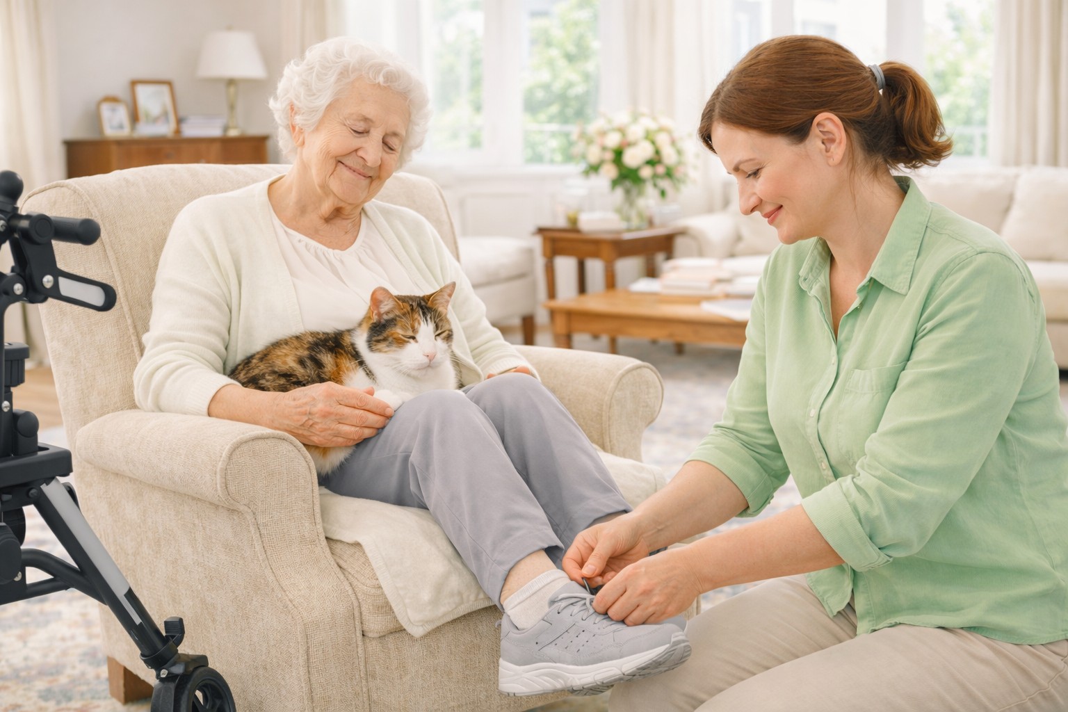 Seniorin sitzt zuhause mit Katze auf dem Schoß, während eine Betreuungskraft ihr im Alltag hilft