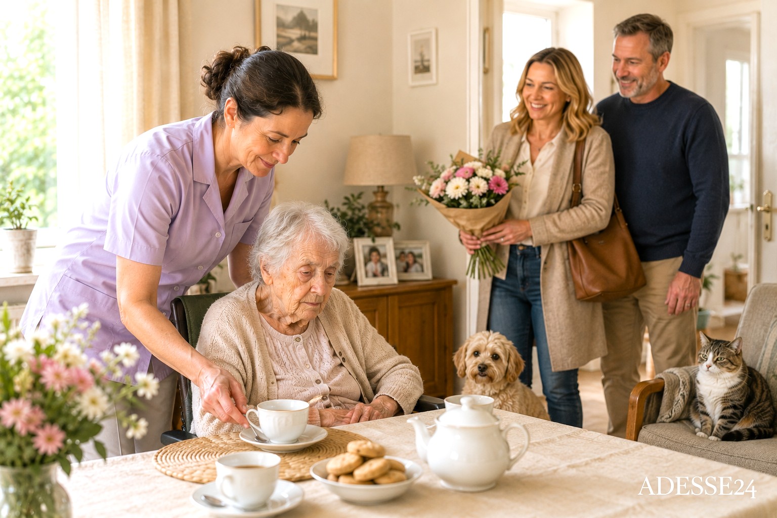 ALT-Text: 24 Stunden Betreuung zuhause für Seniorin in Solingen – Betreuungskraft unterstützt ältere Mutter im Alltag, Angehörige zu Besuch.