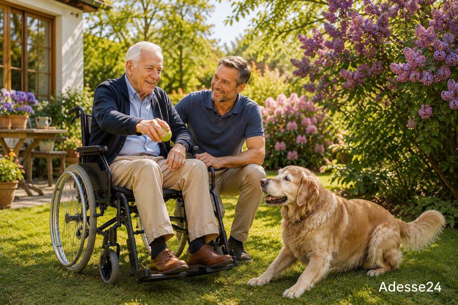 ALT-Text: 24 Stunden Betreuung zuhause für älteren Herrn in Solingen – männliche Betreuungskraft begleitet Senior im Garten mit Hund.